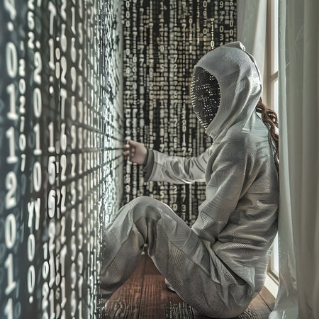 Hacker in mask and hood sitting on the wooden floor and looking through the windowの素材
