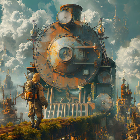 A man in a gas mask and with a backpack is standing in front of an old steam locomotive against a background of the city.の素材
