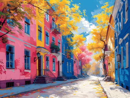 Colorful houses on the street in the autumn season. Digital paintingの素材