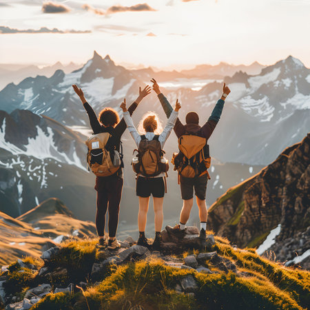 Group of hikers standing on the top of the mountain and looking at the beautiful sunset.の素材