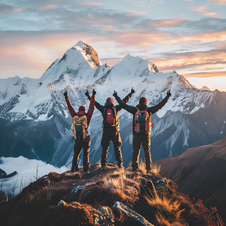 Group of hikers standing on the top of a mountain and raising their arms up.の素材