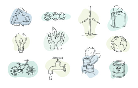 Ecology and environmental pollution Vector icons in sketch styleのイラスト素材