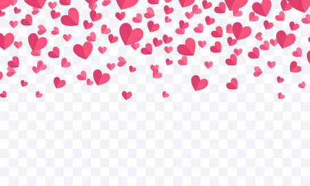 Background of hearts falling from above. A pink paper hearts isolated on a transparent background. Flying hearts.のイラスト素材