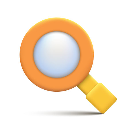 3d magnifier. Orange plastic magnifier isolated on white background. Vector clipart.のイラスト素材