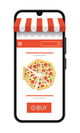 Online store. Food delivery concept. A phone with a red and white awning and a picture of pizza on the screenのイラスト素材