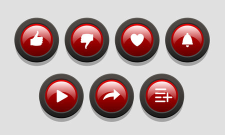 Buttons for the video blog interface. Like buttons, share, add to favorites. Vector setのイラスト素材