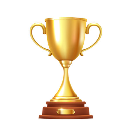 Golden goblet on a wooden stand. Vector 3d clipart.のイラスト素材