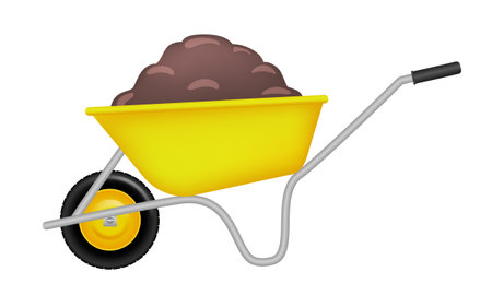 Garden wheelbarrow with vermicompost. Yellow garden wheelbarrow, vector clipart isolated on white background.のイラスト素材