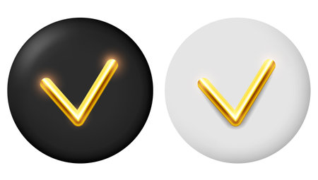 Check mark. Gold checkmark on a round gray and black background. Vector clipart.のイラスト素材