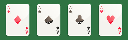 Cards. Aces of different suits on a green background. Vector clipart.