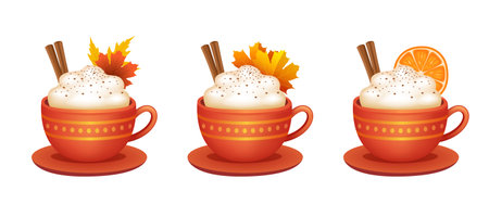 Coffee with foam. A cup of coffee with cinnamon and whipped cream. Vector clipart isolated on white background.のイラスト素材