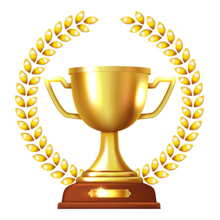 Golden cup with a golden laurel wreath. Vector 3d clipart.のイラスト素材