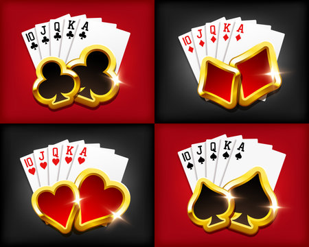 Royal Flush and card suit icons. A poker hand of a royal flush. Vector clipart.のイラスト素材