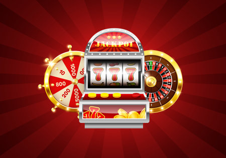 Casino illustration. Slot machine, roulette wheel and wheel of fortune. Vector 3d illustrationのイラスト素材