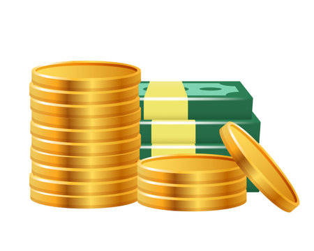 Gold coins and stacks with cash. Vector illustration isolated on white background.のイラスト素材
