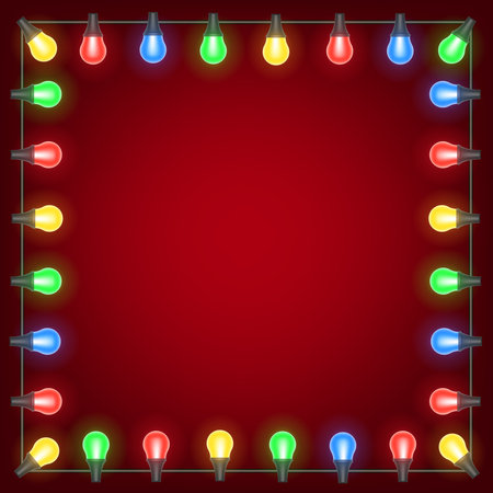 Multicolored light bulbs. Christmas String Lights. Vector light bulbs on red backgroundのイラスト素材