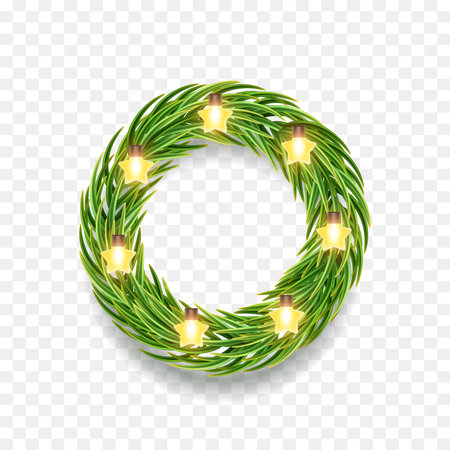Christmas wreath with light bulbs. Vector 3d clipart isolated on transparent background.のイラスト素材