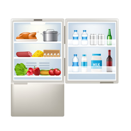 Refrigerator with groceries. Vector 3d illustration isolated on white background.のイラスト素材