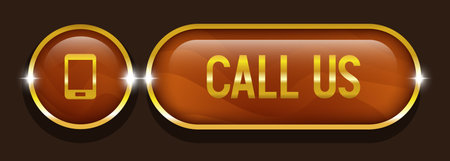 Call us button. Vector wooden button isolated on brown background.
