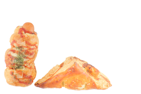 bread with sausage on white backgroundの写真素材