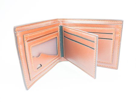 brown wallet opened on white background