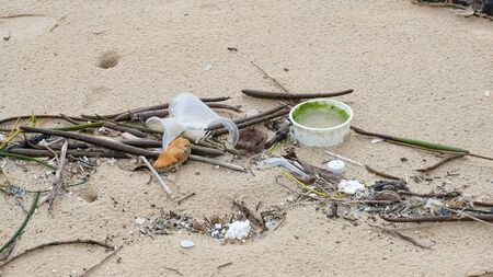 Environmental pollution. Ecological problem. Garbages, plastic, and wastes on the sandy beach of tropical sea. の写真素材