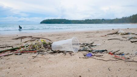 Environmental pollution. Ecological problem. Garbages, plastic, and wastes on the sandy beach of tropical sea. の写真素材