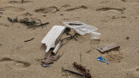 Environmental pollution. Ecological problem. Garbages, plastic, and wastes on the sandy beach of tropical sea.の写真素材