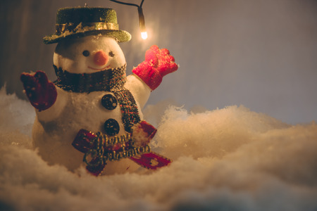 Snowman and light bulb stand among pile of snow at silent night, light up the hopefulness and...
