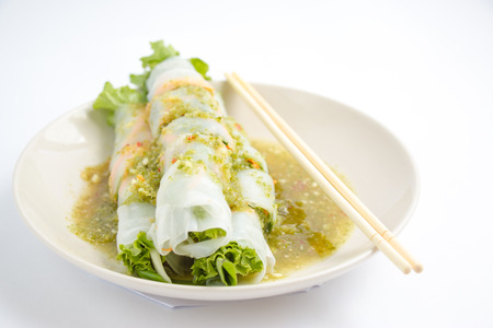 Thai noodle with spicy souce, clean and healthy food.の写真素材