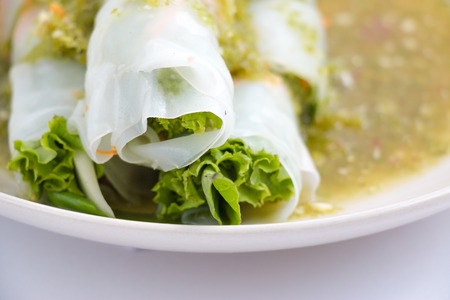 Thai noodle with spicy souce, clean and healthy food.の写真素材