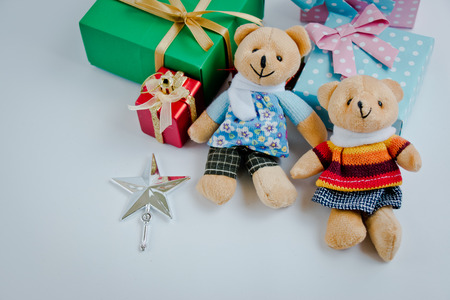 A couple lovely teddy bear and Ornament, Christmas decorate at Merry Christmas and happy new year night light.の写真素材