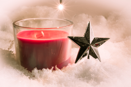 Red christmas candle and Ornament decorate Merry Christmas and happy new yearの写真素材