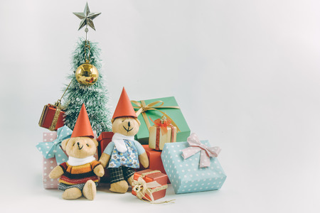 A couple lovely teddy bear and Ornament, Christmas decorate at Merry Christmas and happy new year night light.の写真素材