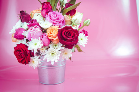 Vase of bouquet Roses in aluminium bucket on Pink background. Set of Beautiful flower in Valentine...