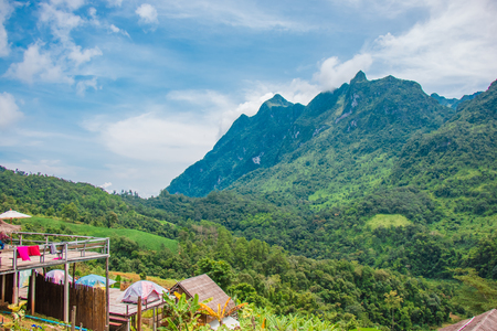 Wooden cottage in the valley.Tent and Cabin in the Woodの写真素材
