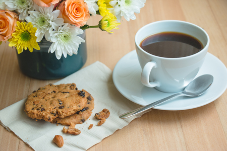 coffee cup and chocolate ship cookiesの写真素材
