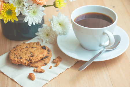 coffee cup and chocolate ship cookiesの写真素材