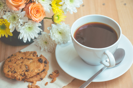 coffee cup and chocolate ship cookiesの写真素材