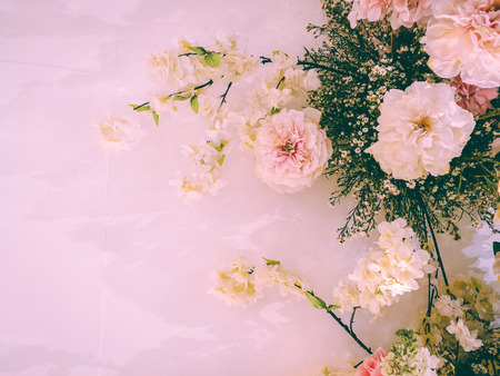 Flora blossoming delicate roses and orchid on blooming flowers festive background, pastel and soft bouquet floral card. Love Valentine and weeding concept.の写真素材