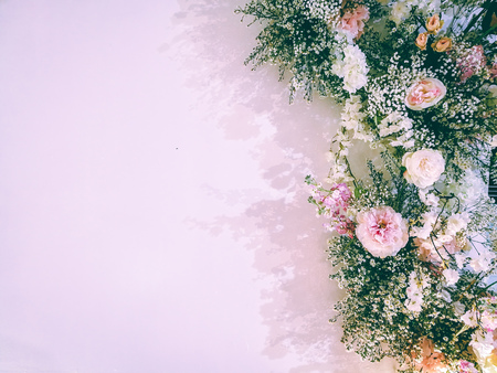 Flora blossoming delicate roses and orchid on blooming flowers festive background, pastel and soft...