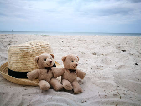 Lovely couple bear on white sand beach with Hat and sun glasses at Hua Hin beach, item and accessories for summer vacation and holidayの写真素材