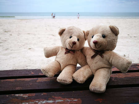 Lovely couple bear on white sand beach with Hat and sun glasses at Hua Hin beach, item and accessories for summer vacation and holidayの写真素材