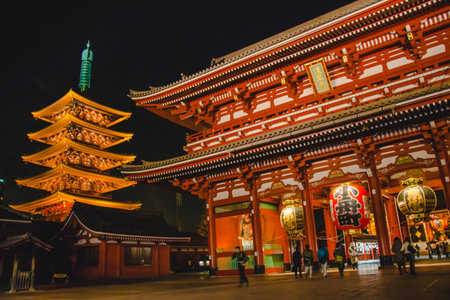 Night light of Sensoji-ji Temple - Asakusa district,  Tokyo City - Japan, historic architecture.