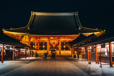 Night light of Sensoji-ji Temple - Asakusa district,  Tokyo City - Japan, historic architecture.の写真素材