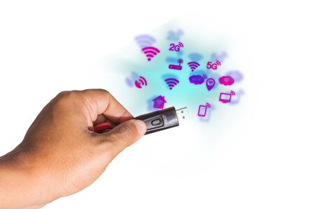 Man's hand holding usb cable on white background