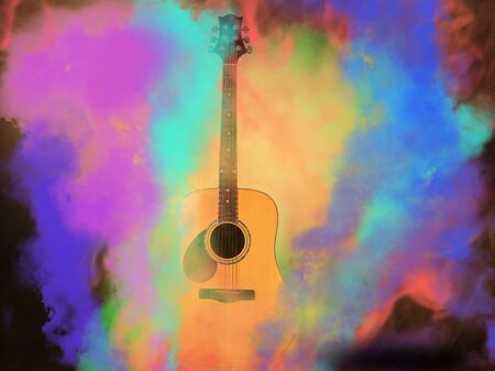 Wooden guitar, electric sound technology, musical instruments, technology separated from the clip, white backgroundの写真素材