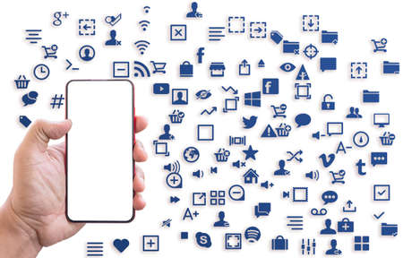 The hand holding the phone that separated from white background technology On a white background clipping partのeditorial素材