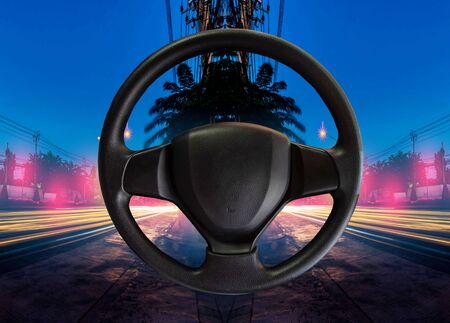 Black leather car steering wheel separated from the background clipping partの写真素材