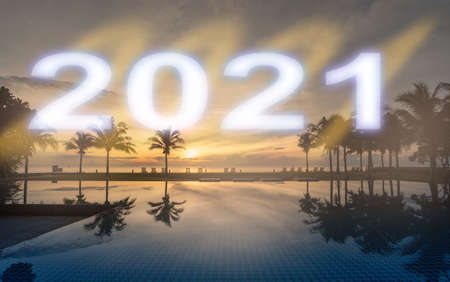 Silhouette woman back into 2021 nature view sky Technology of the Yearの写真素材